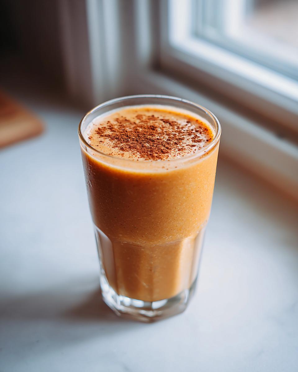 A tall glass of thick, orange Peach Cobbler Smoothie topped with a dusting of cinnamon.