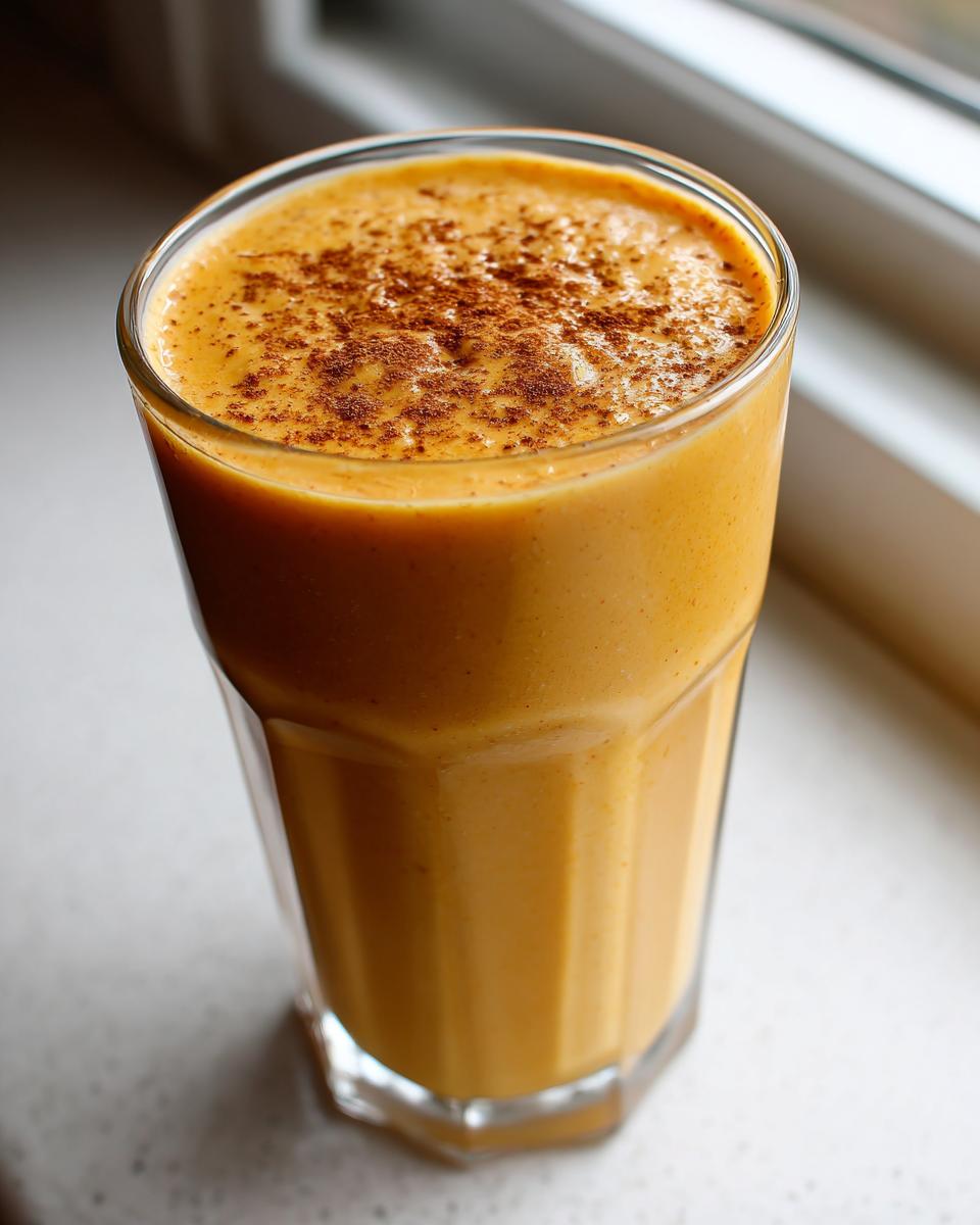 A tall glass filled with a thick, orange Peach Cobbler Smoothie, dusted with cinnamon on top.