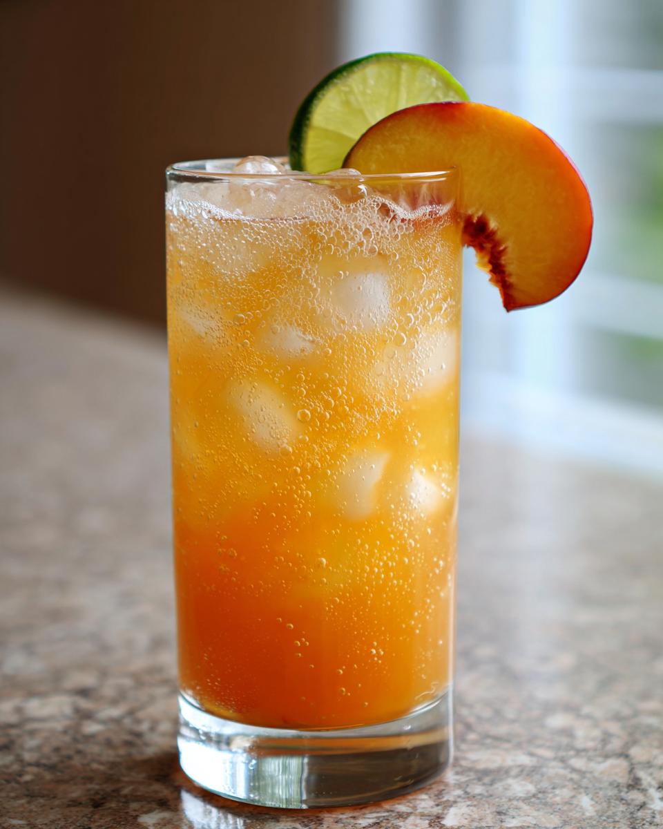 A tall glass filled with a bubbly, orange Peachy Ginger Beer Mocktail, garnished with a fresh peach slice and lime wedge.