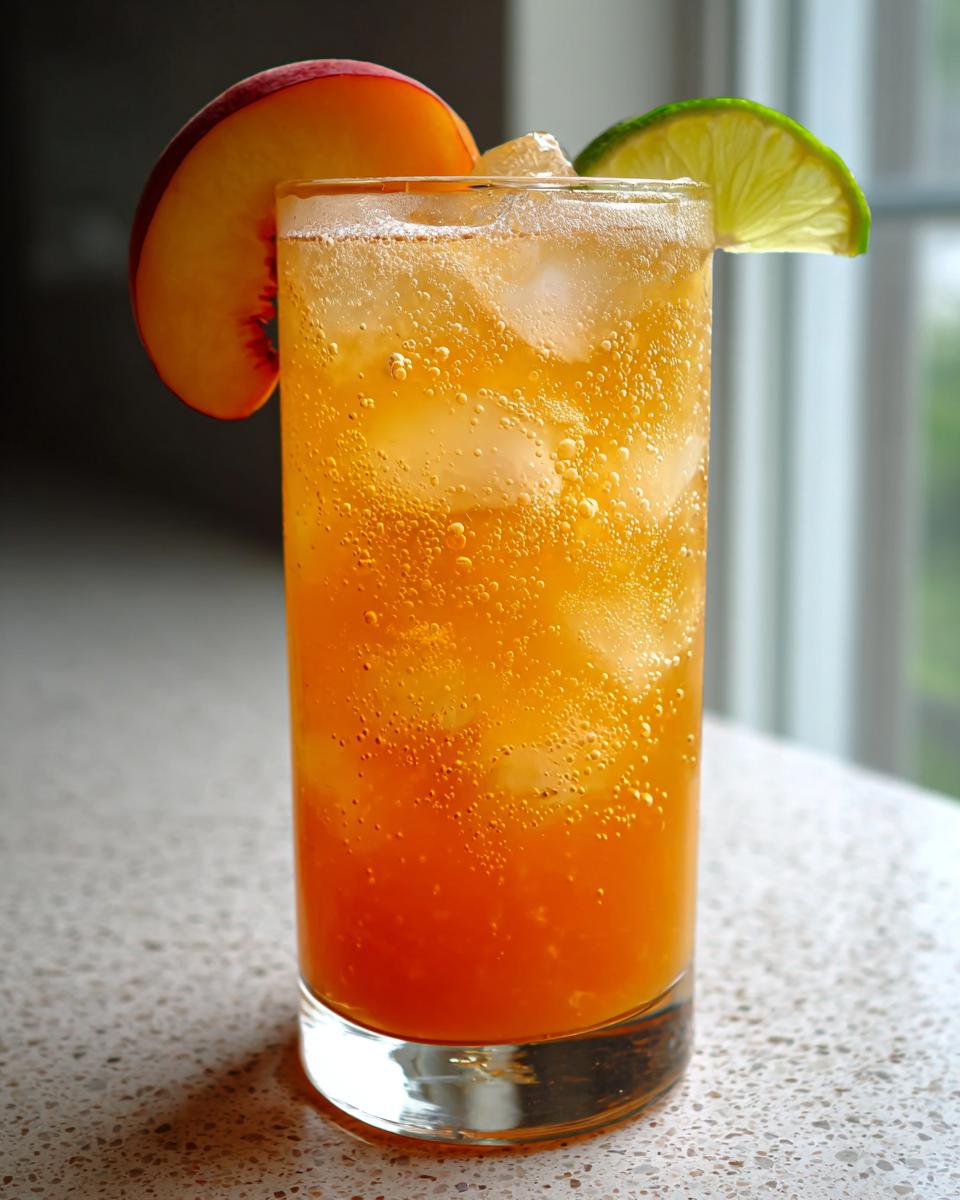 A tall glass filled with a bubbly, orange Peachy Ginger Beer Mocktail, garnished with a peach slice and lime wedge.