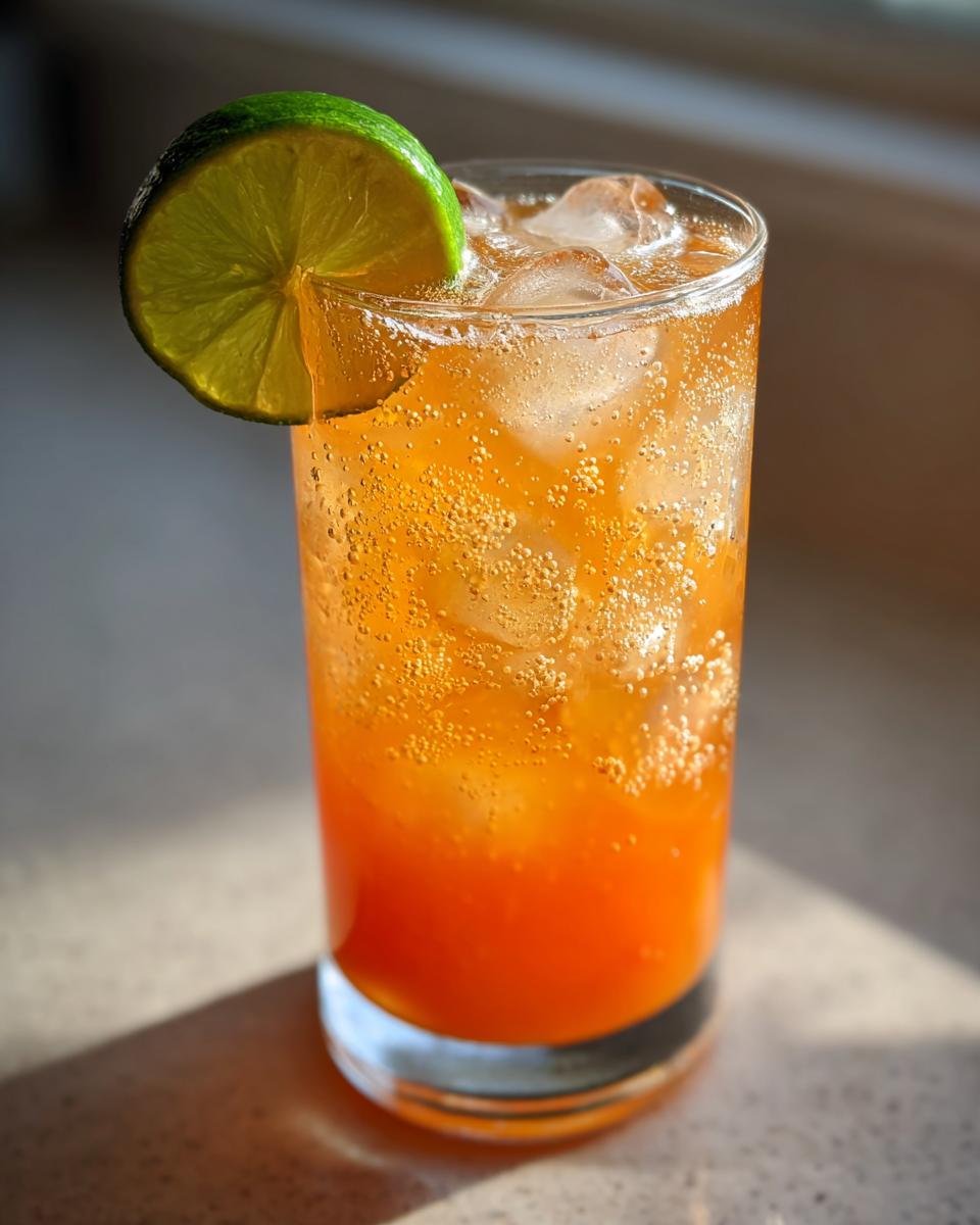 Close-up of a tall glass filled with a bubbly, orange Peachy Ginger Beer Mocktail over ice, garnished with a lime wedge.