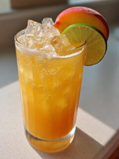 A tall glass filled with an orange-hued Peachy Ginger Beer Mocktail, ice, and garnished with a peach slice and lime wheel.