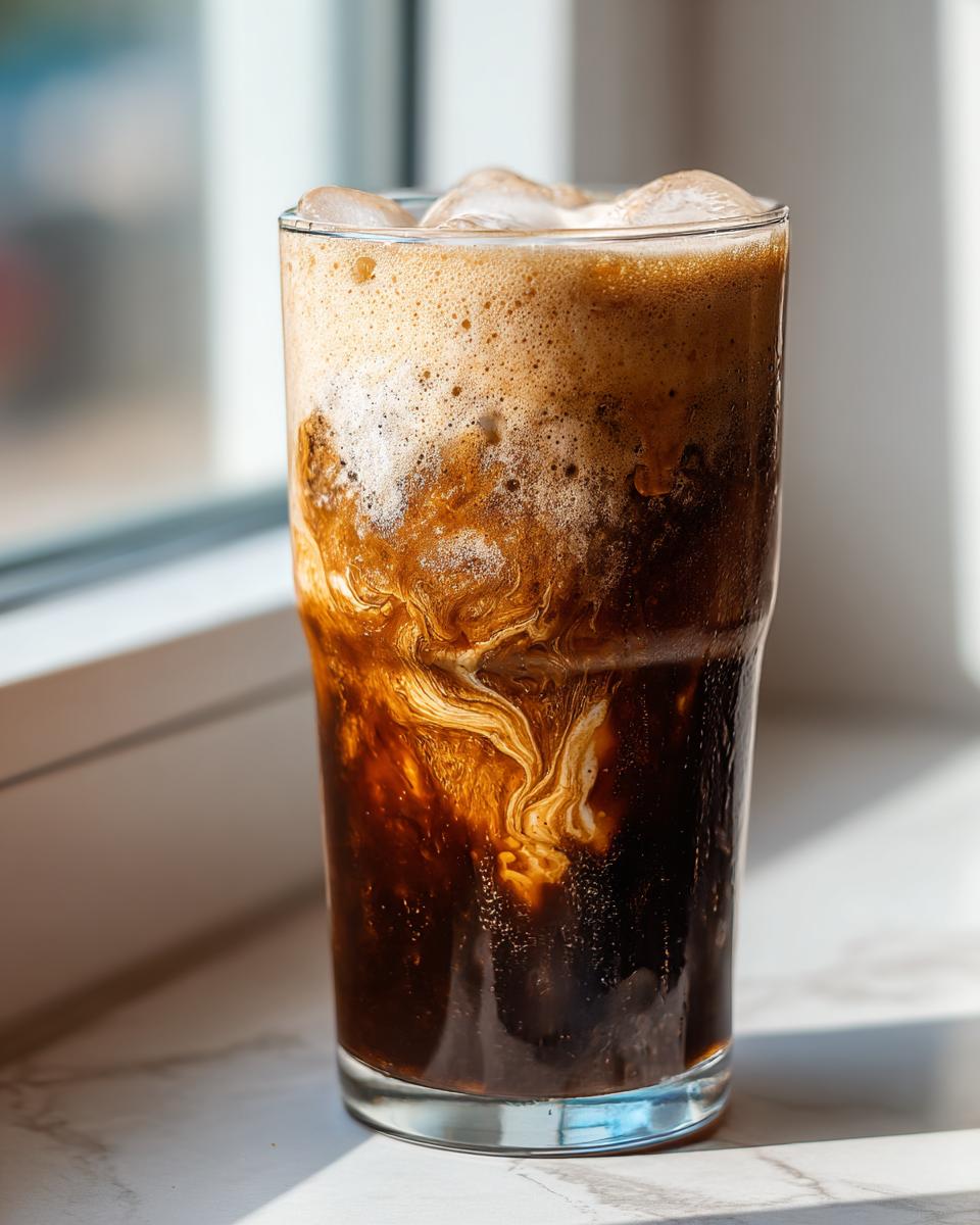 Close-up of a dark beverage, likely a Peanut Butter Mocha Smoothie, with cream swirling into the coffee base over ice.
