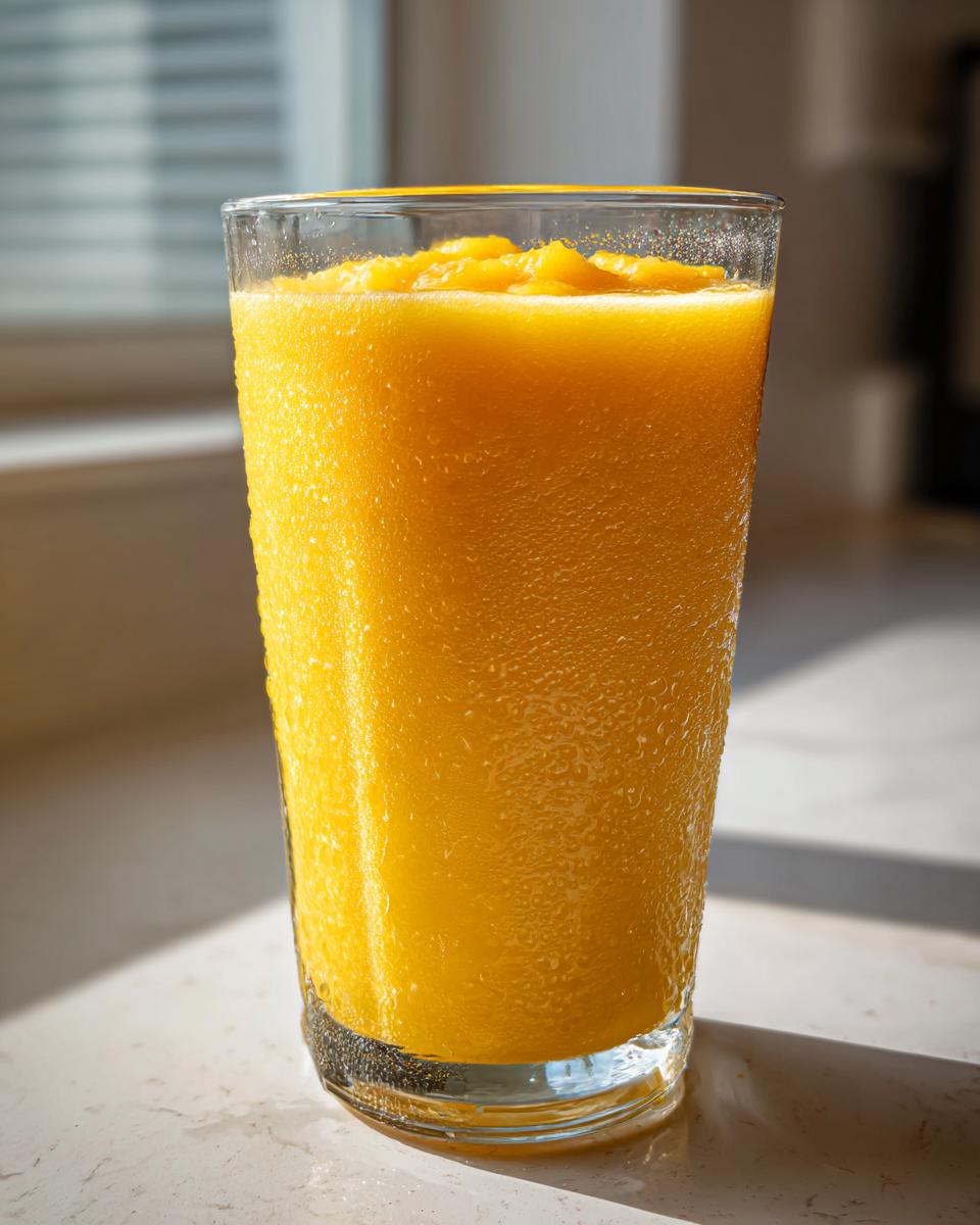 A tall glass filled with a vibrant, icy Pineapple Mango Ginger Smoothie, showing condensation droplets on the exterior.