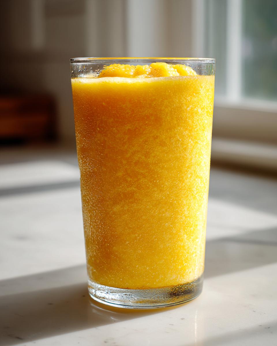 A tall glass filled with a vibrant, icy Pineapple Mango Ginger Smoothie, showing condensation on the outside.