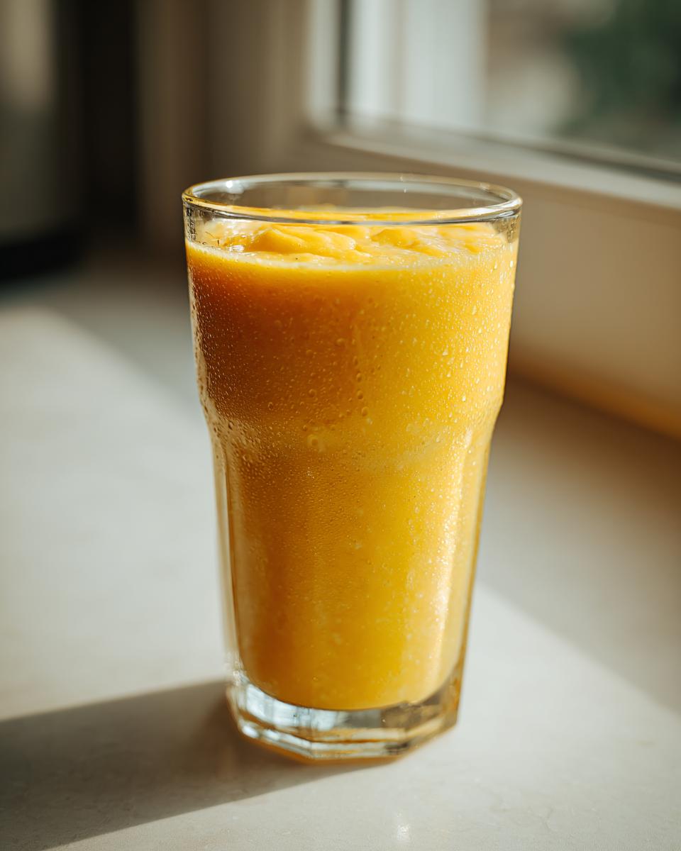 A tall glass filled with a thick, vibrant yellow Pineapple Mango Ginger Smoothie, showing condensation droplets on the exterior.