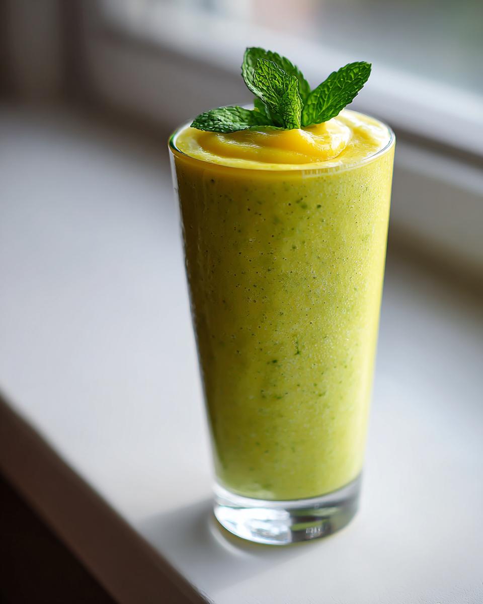 A tall glass filled with a vibrant green Pineapple Mint Smoothie, topped with a swirl of yellow fruit and fresh mint leaves.