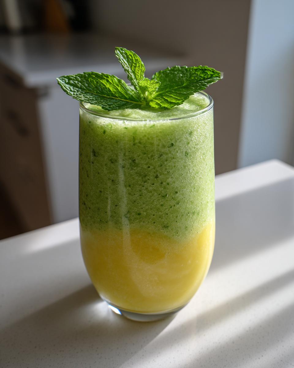 Close-up of a layered Pineapple Mint Smoothie, yellow on the bottom and green on top, garnished with fresh mint leaves.