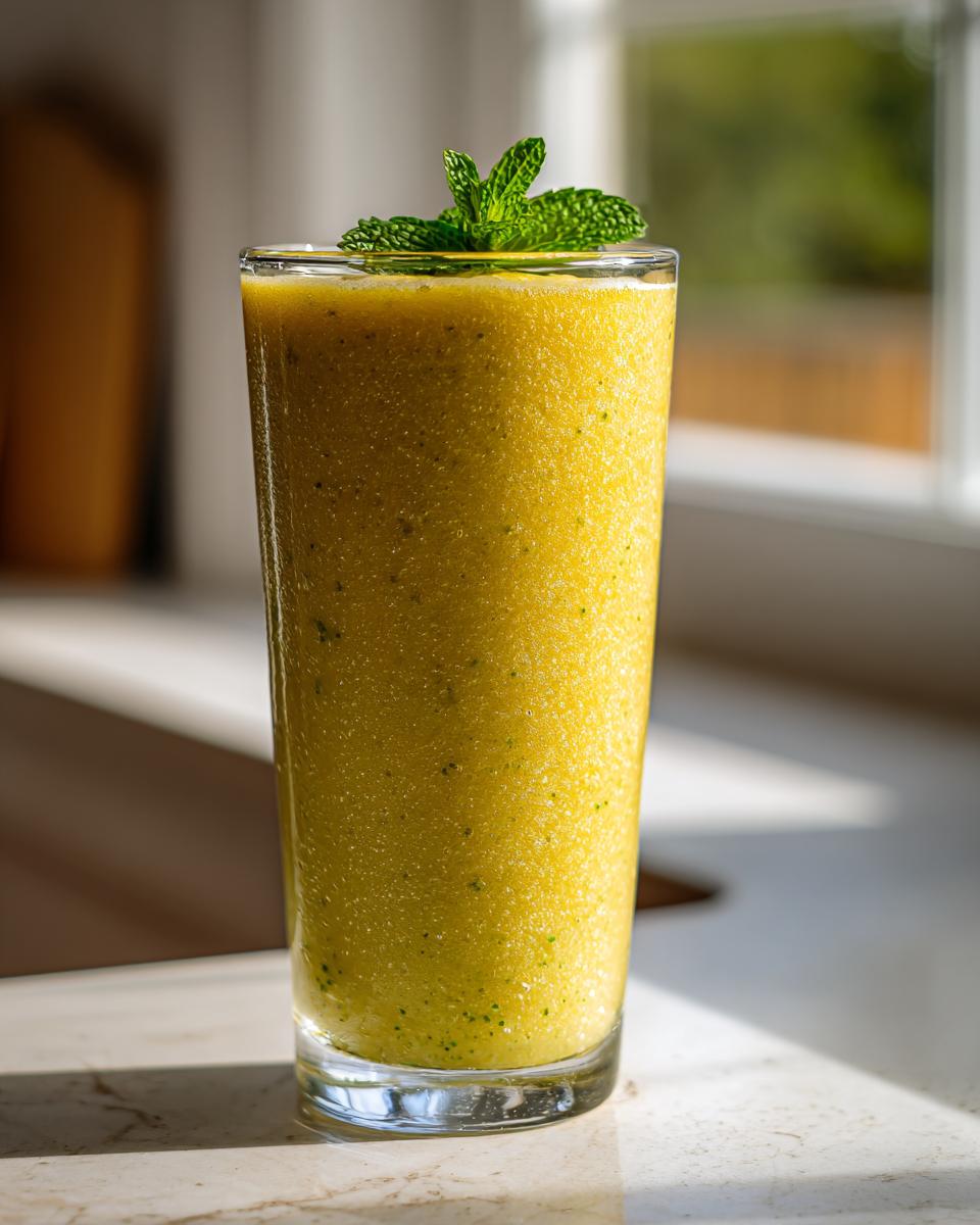 A tall glass filled with a vibrant, textured Pineapple Mint Smoothie, garnished with fresh mint leaves.