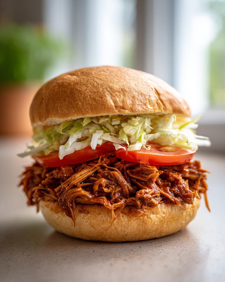 Close-up of a delicious BBQ Jerk Pulled Pork Sandwiches Plant Based piled high on a soft bun with lettuce and tomato.