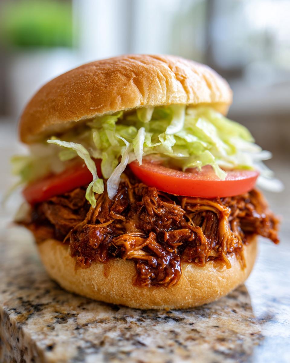 Close-up of a BBQ Jerk Pulled Pork Sandwiches Plant Based piled high on a bun with lettuce and tomato.