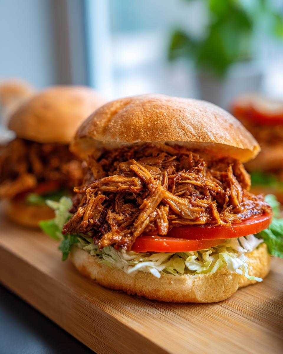 Close-up of a delicious BBQ Jerk Pulled Pork Sandwiches Plant Based piled high on a bun with lettuce and tomato.