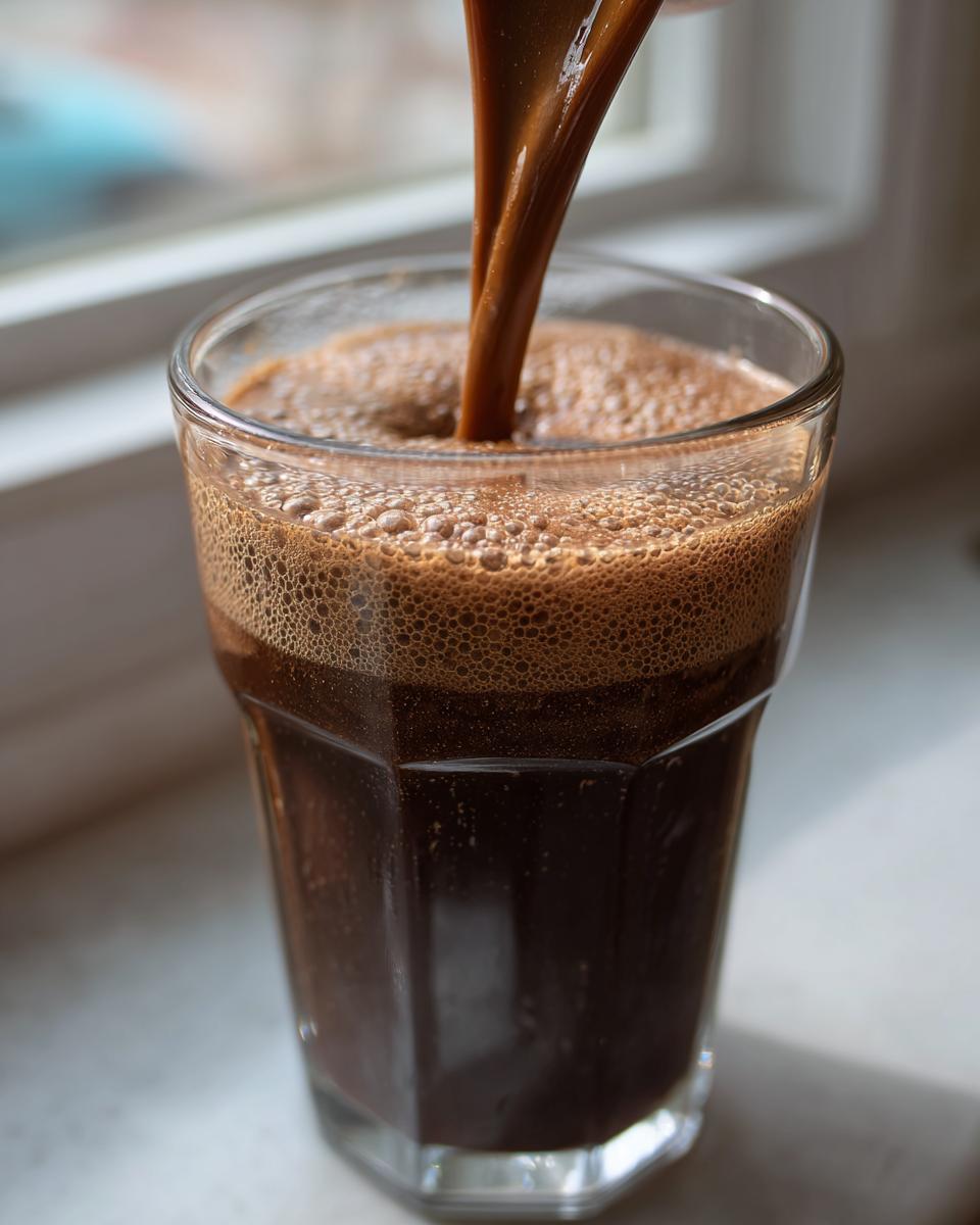 Close-up of a thick, dark brown Caramel Mocha Protein Smoothie being poured into a clear glass, creating foam.