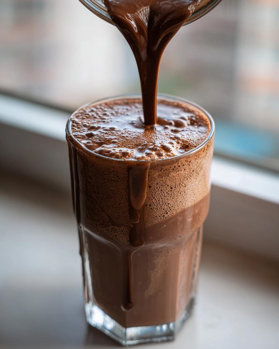 Thick, rich Caramel Mocha Protein Smoothie being poured from a container into a tall glass, creating foam.