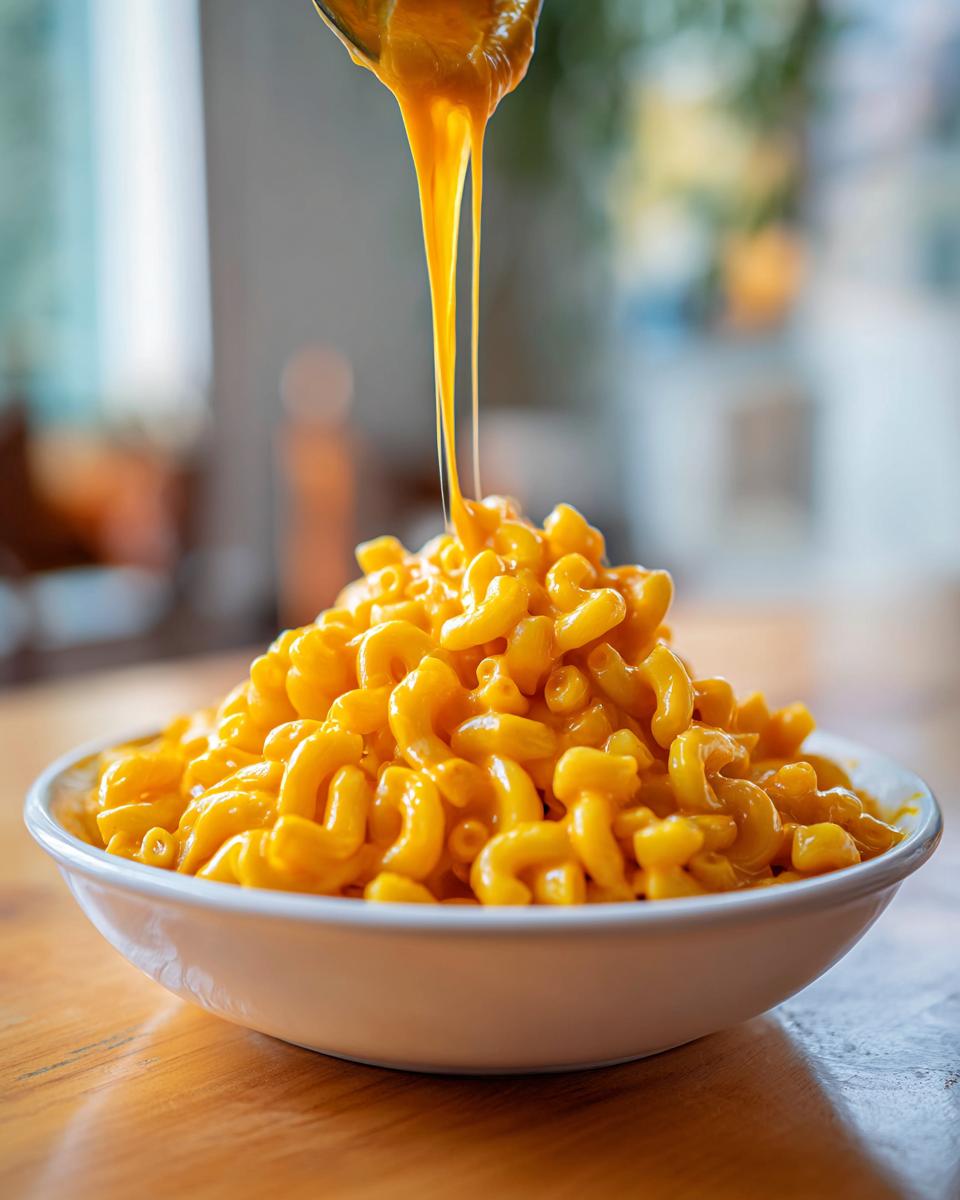 Close-up of creamy orange sauce being poured over a large bowl of macaroni noodles for Easy Vegan Pumpkin Mac Cheese.
