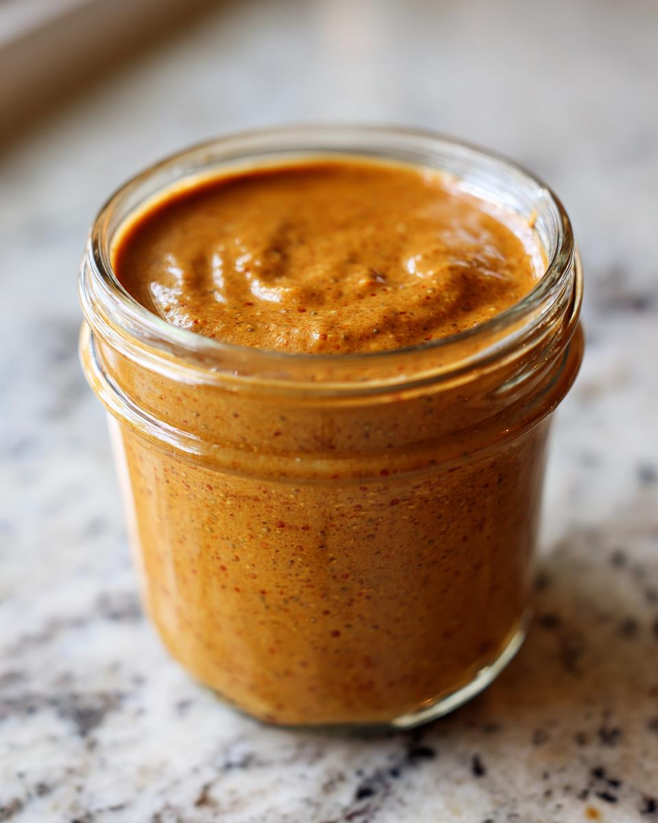 Close-up of thick, orange Pumpkin Pie Chia Pudding base blended smooth in a glass jar.