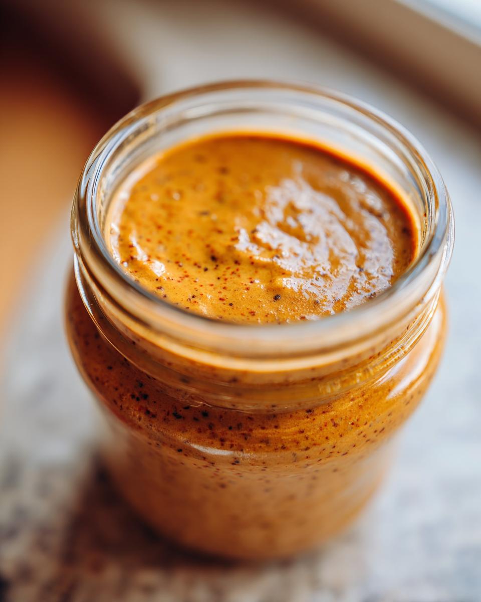A close-up, high-angle shot of thick, orange Pumpkin Pie Chia Pudding texture inside a clear glass jar.