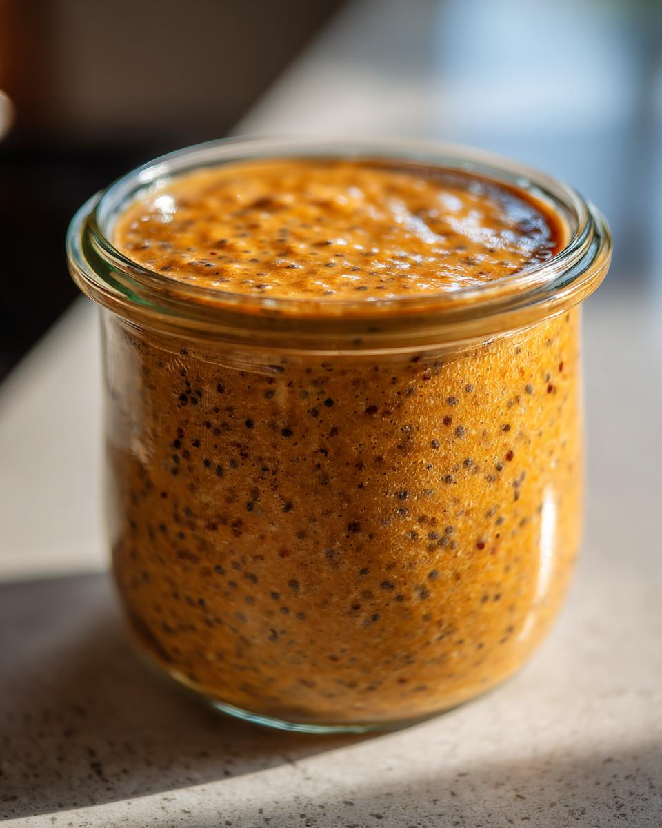 Close-up of thick, orange Pumpkin Pie Chia Pudding texture with visible chia seeds in a small glass jar.