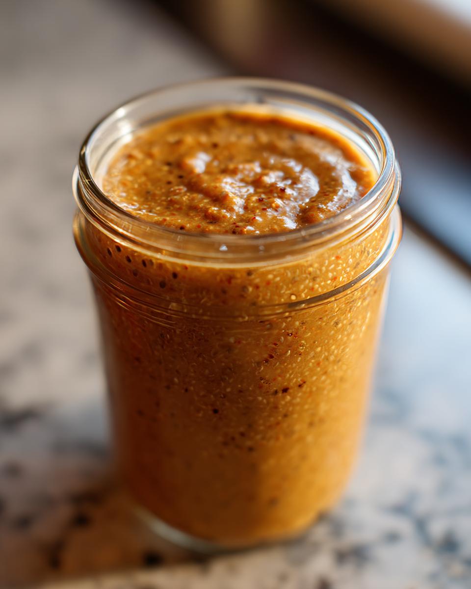Close-up of thick, orange Pumpkin Pie Chia Pudding texture inside a clear glass jar.