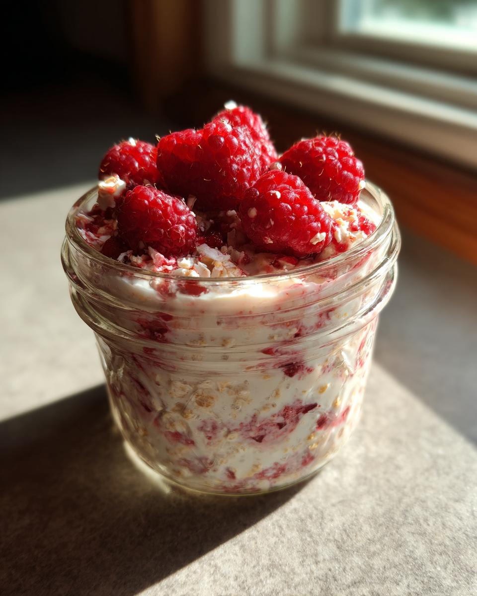 Close-up of Raspberry Coconut Overnight Oats topped with fresh raspberries in a glass jar.
