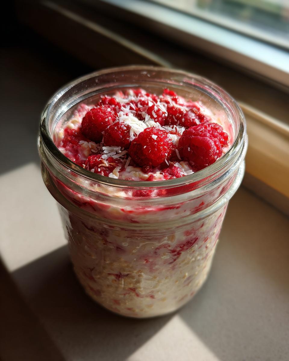 A glass jar filled with Raspberry Coconut Overnight Oats, topped with fresh raspberries and shredded coconut.