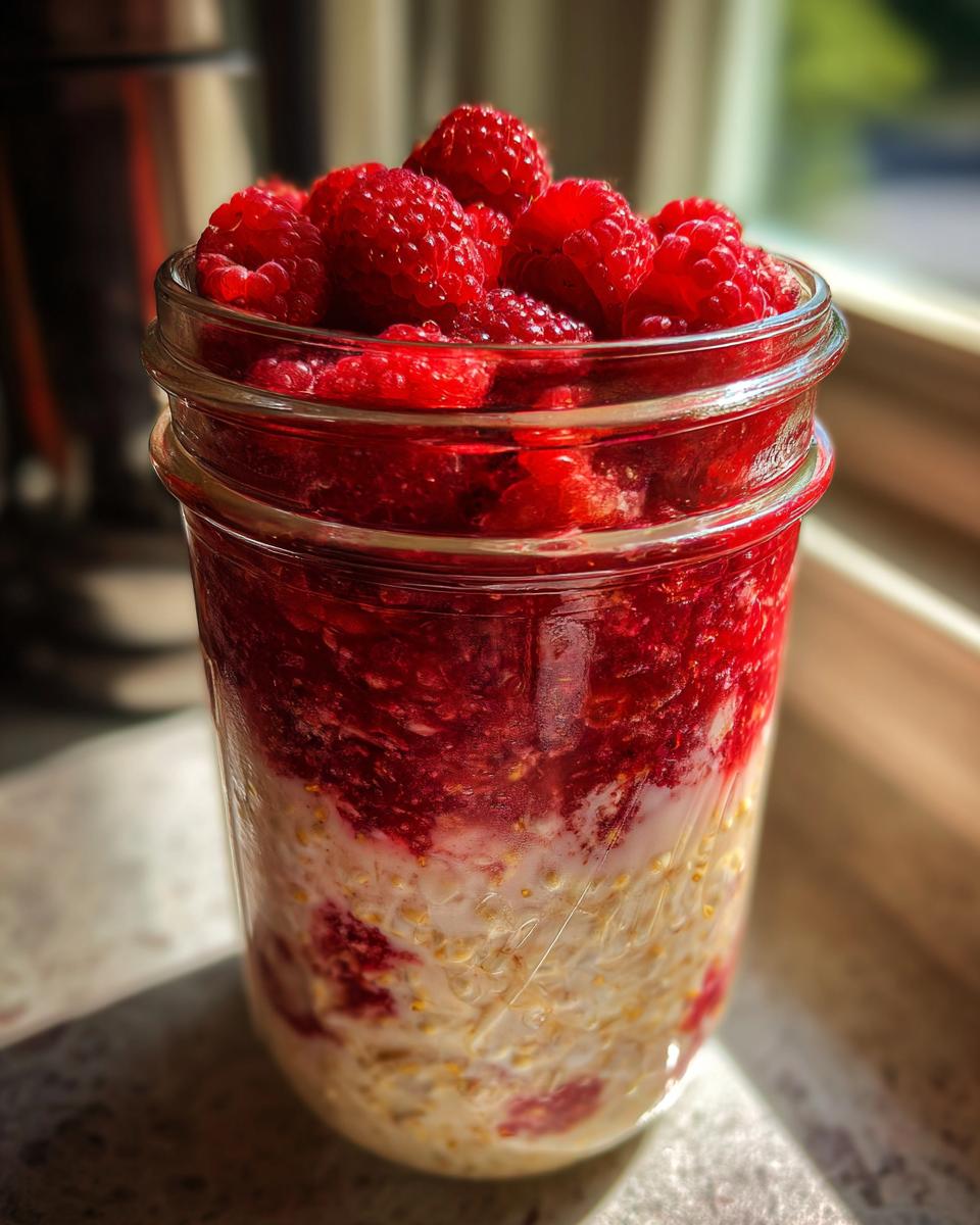 Close-up of Raspberry Coconut Overnight Oats layered in a glass jar, topped with fresh raspberries.