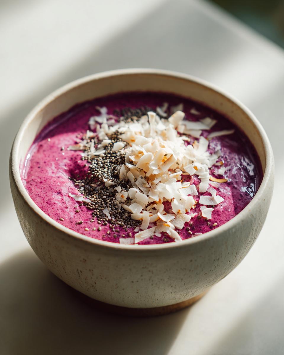 Close-up of a thick, vibrant purple Raspberry Coconut Smoothie Bowl topped with toasted coconut flakes and chia seeds.