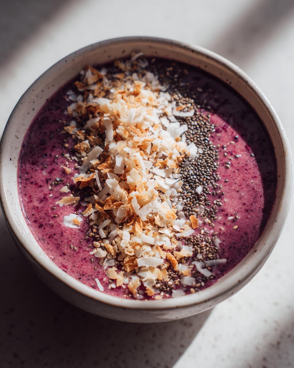 Close-up of a vibrant Raspberry Coconut Smoothie Bowl topped with toasted coconut flakes and chia seeds.