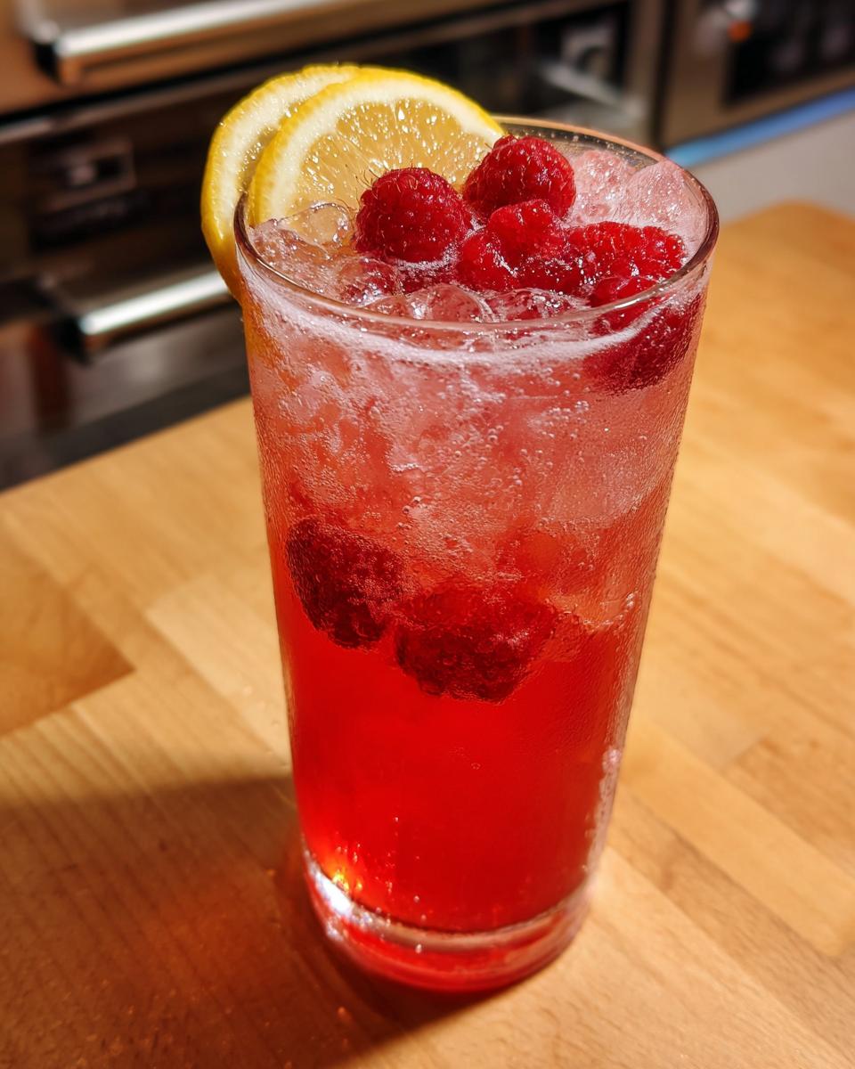 Close-up of a tall glass filled with a bubbly, red Raspberry Lemon Mocktail, garnished with fresh raspberries and lemon slices.