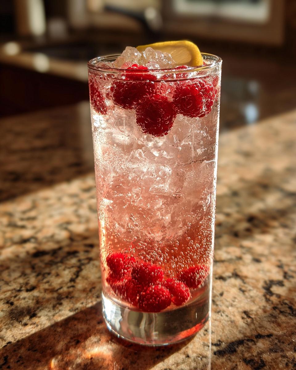 Close-up of a tall glass filled with a bubbly Raspberry Lemon Mocktail, ice, fresh raspberries, and a lemon slice.