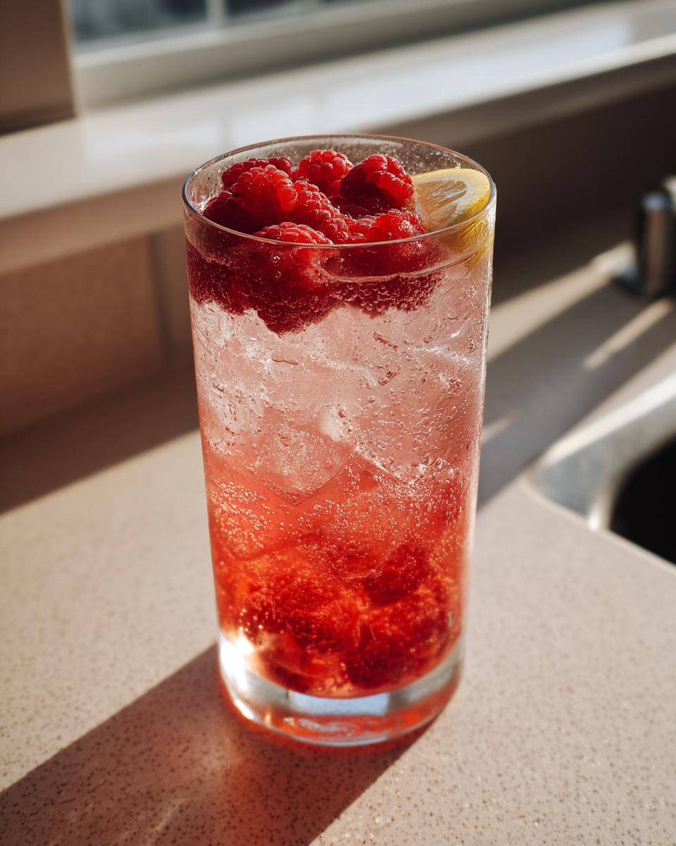 Tall glass filled with a fizzy Raspberry Lemon Mocktail, ice, fresh raspberries, and a lemon slice.