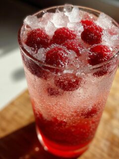 Close-up of a tall glass filled with a fizzy Raspberry Lemon Mocktail, crushed ice, and fresh raspberries.