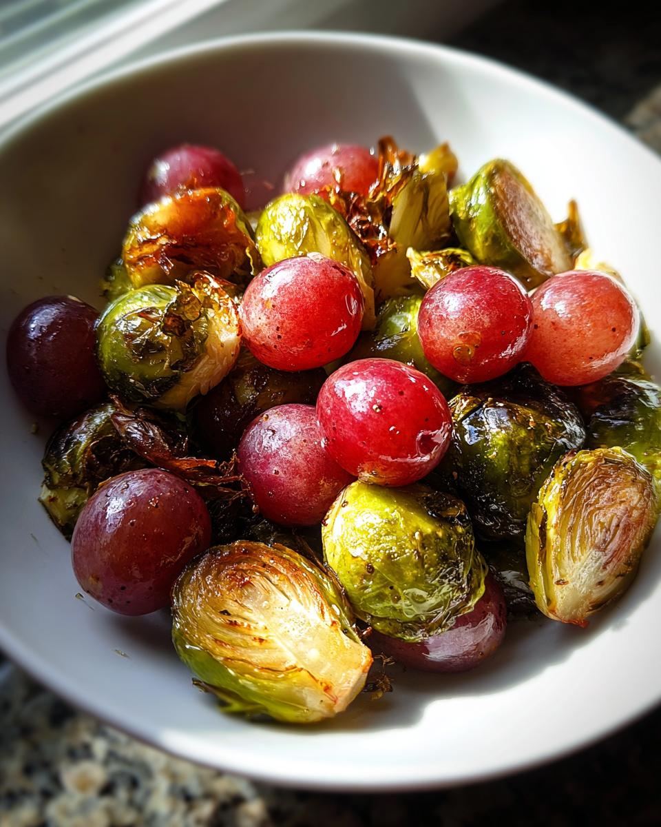 Close-up of caramelized Roasted Brussels Sprouts Grapes mixture served in a white bowl.
