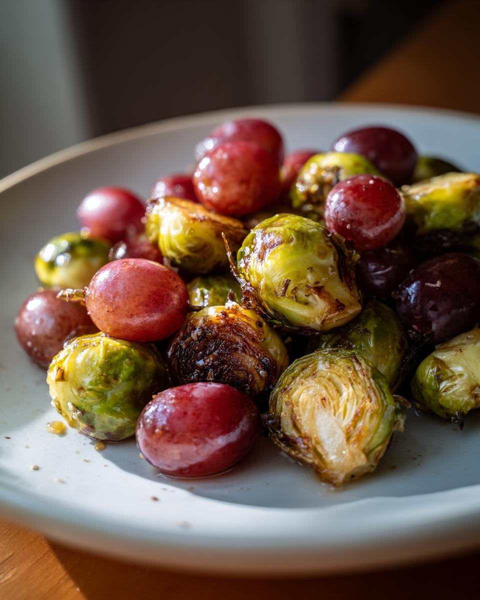 Close-up of caramelized Roasted Brussels Sprouts Grapes mixture served on a white plate.