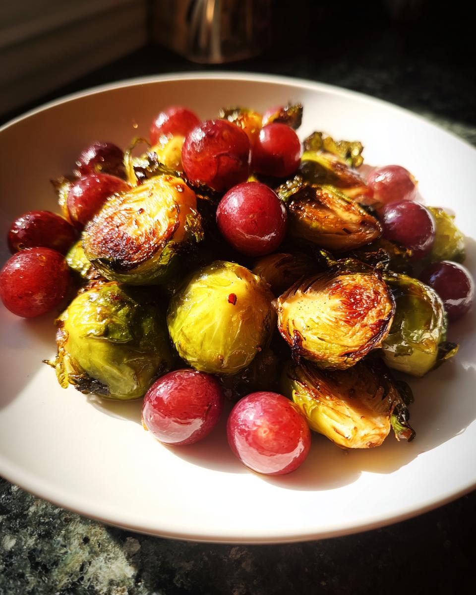 Close-up of roasted Brussels sprouts mixed with bright red grapes on a white plate.
