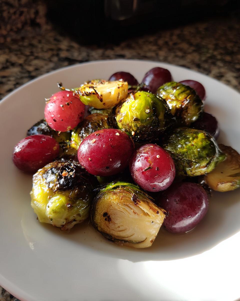 Close-up of roasted Brussels sprouts mixed with vibrant red grapes, seasoned and served on a white plate.