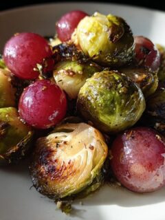 A close-up of perfectly Roasted Brussels Sprouts Grapes piled on a white plate, showing caramelization.