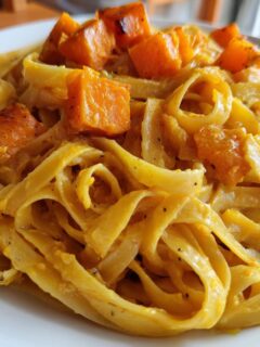 Close-up of fettuccine tossed in a creamy sauce, topped with roasted butternut squash cubes for Roasted Butternut Squash Pasta.