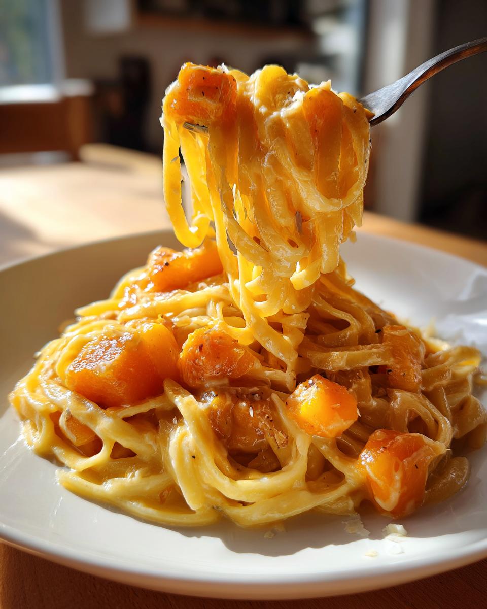 A fork lifting a generous portion of creamy Roasted Butternut Squash Pasta with chunks of roasted squash coated in Parmesan garlic sauce.