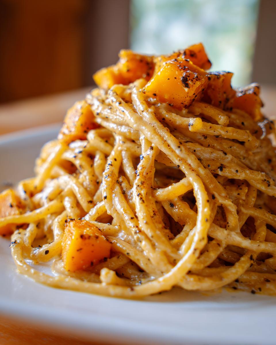 A close-up of Roasted Butternut Squash Pasta tossed in a creamy Parmesan garlic sauce and topped with roasted squash cubes.