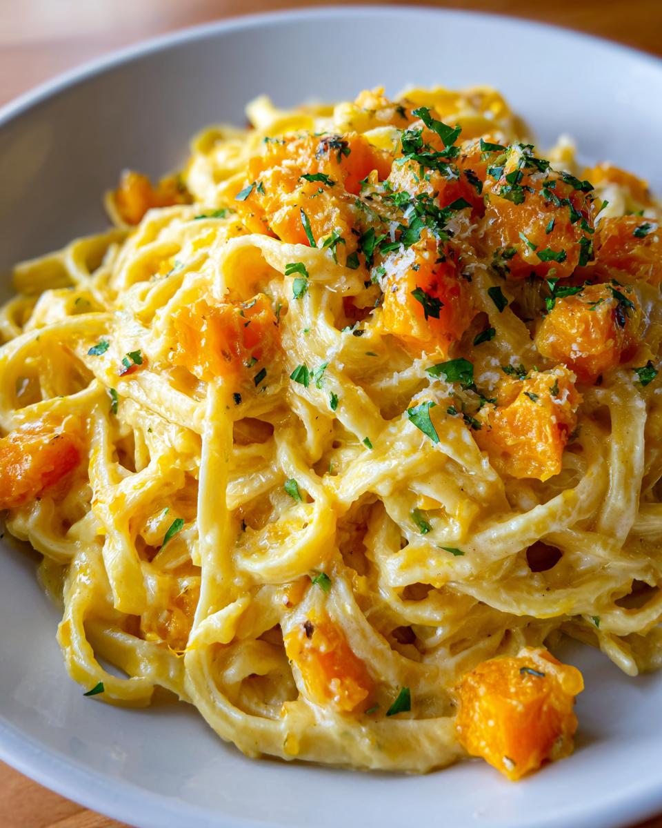 Close-up of Roasted Butternut Squash Pasta With Parmesan Garlic Sauce, topped with roasted squash cubes and fresh parsley.