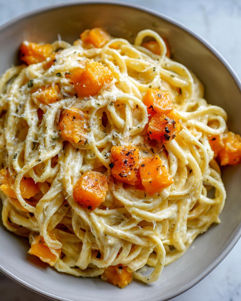 Close-up of Roasted Butternut Squash Pasta coated in a creamy Parmesan garlic sauce, topped with herbs.