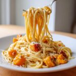 A fork lifts spaghetti coated in a creamy sauce and chunks of roasted butternut squash pasta with parmesan.