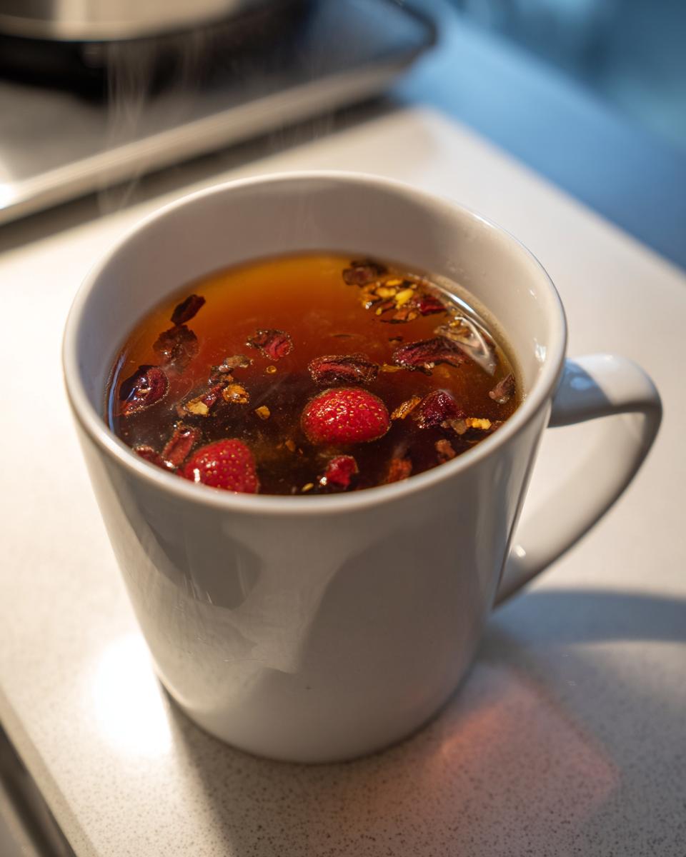 Close-up of hot Roasted Dandelion Strawberry Tea steeping in a white mug with visible strawberries and dried ingredients.