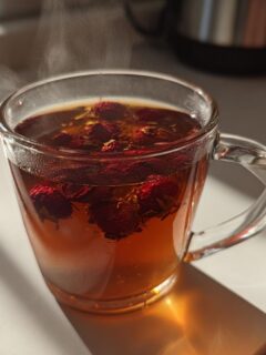 A clear glass mug filled with hot Roasted Dandelion Strawberry Tea, featuring dried red berries floating on top, steaming gently.