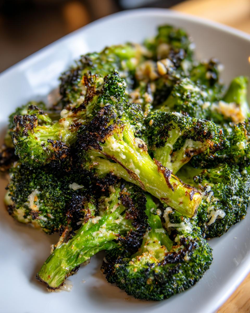 Close-up of crispy, charred Roasted Garlic Parmesan Broccoli served on a white rectangular plate.