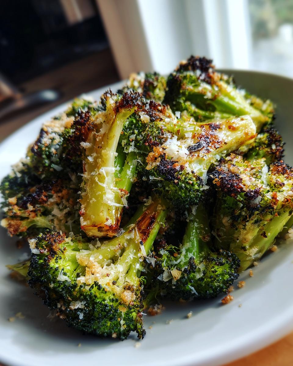 Close-up of crispy, charred Roasted Garlic Parmesan Broccoli topped with grated cheese.