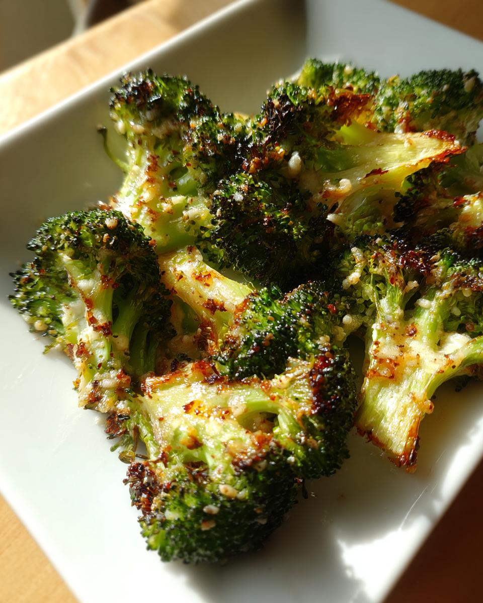 Close-up of crispy, charred Roasted Garlic Parmesan Broccoli served on a white dish.