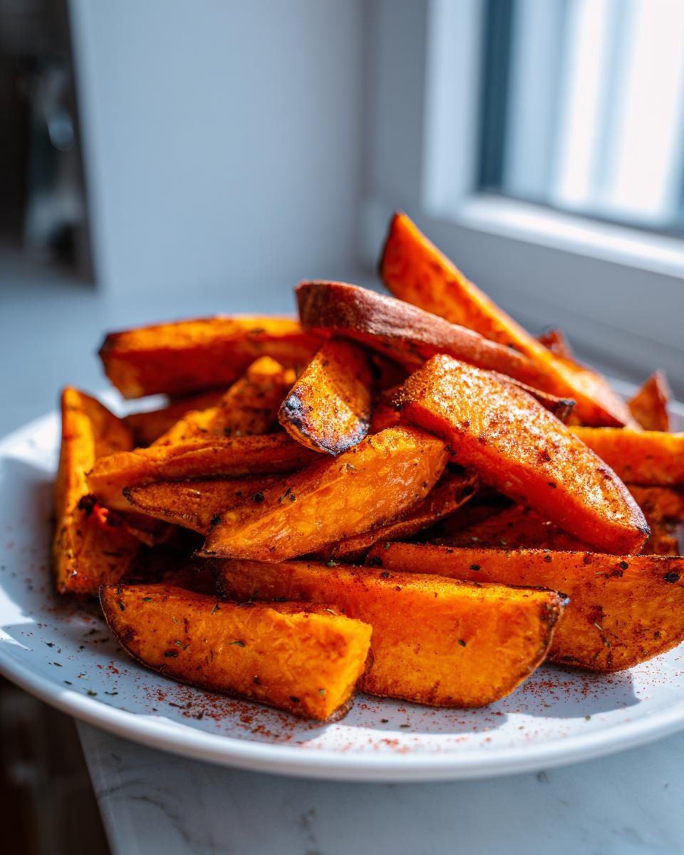 A close-up of a white plate piled high with seasoned, perfectly browned Roasted Sweet Potato Wedges.