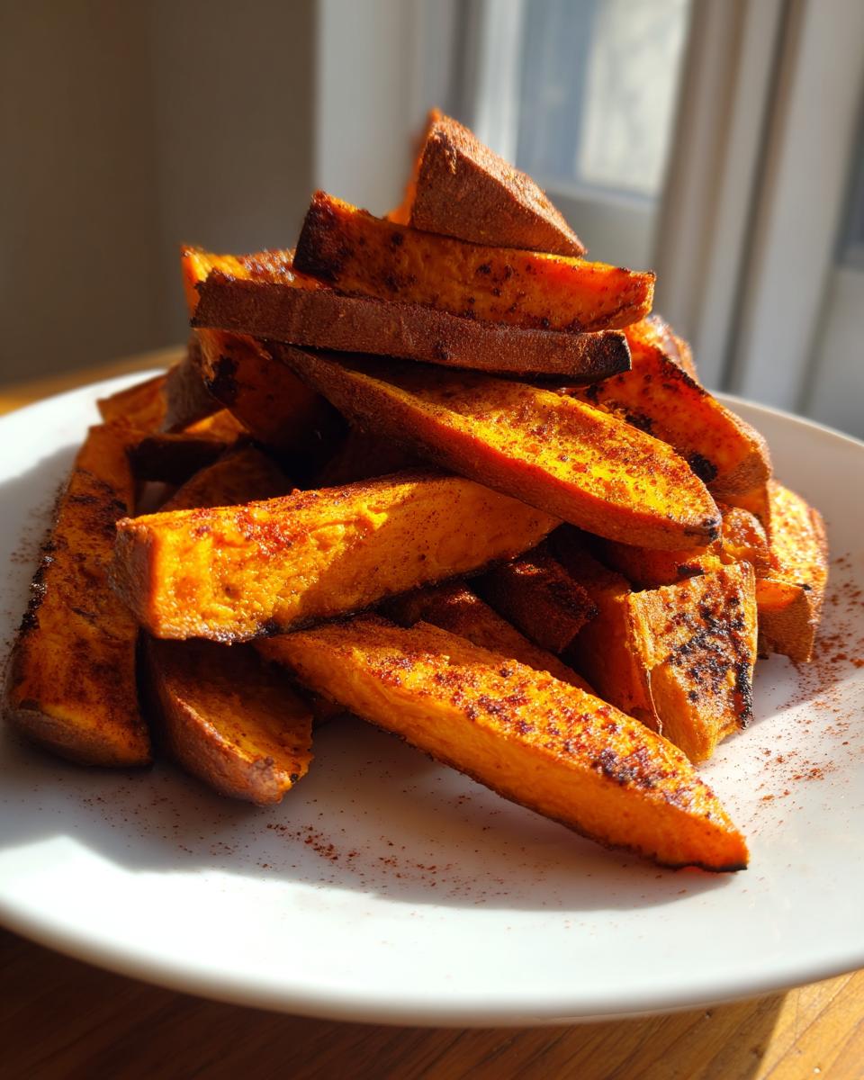 A tall pile of golden brown Roasted Sweet Potato Wedges seasoned with spices on a white plate.